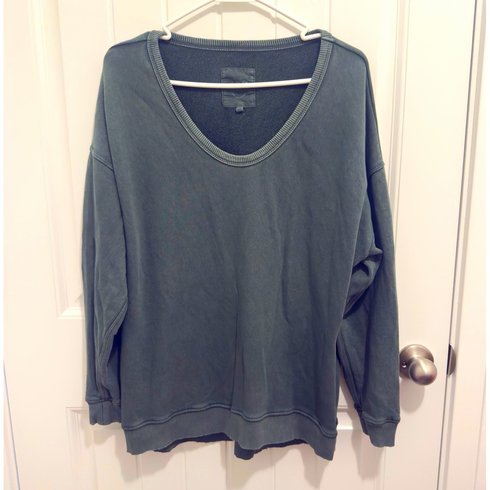 Aerie Real Soft Womens Green V-Neck Pullover Sweatshirt Oversized Relaxed S